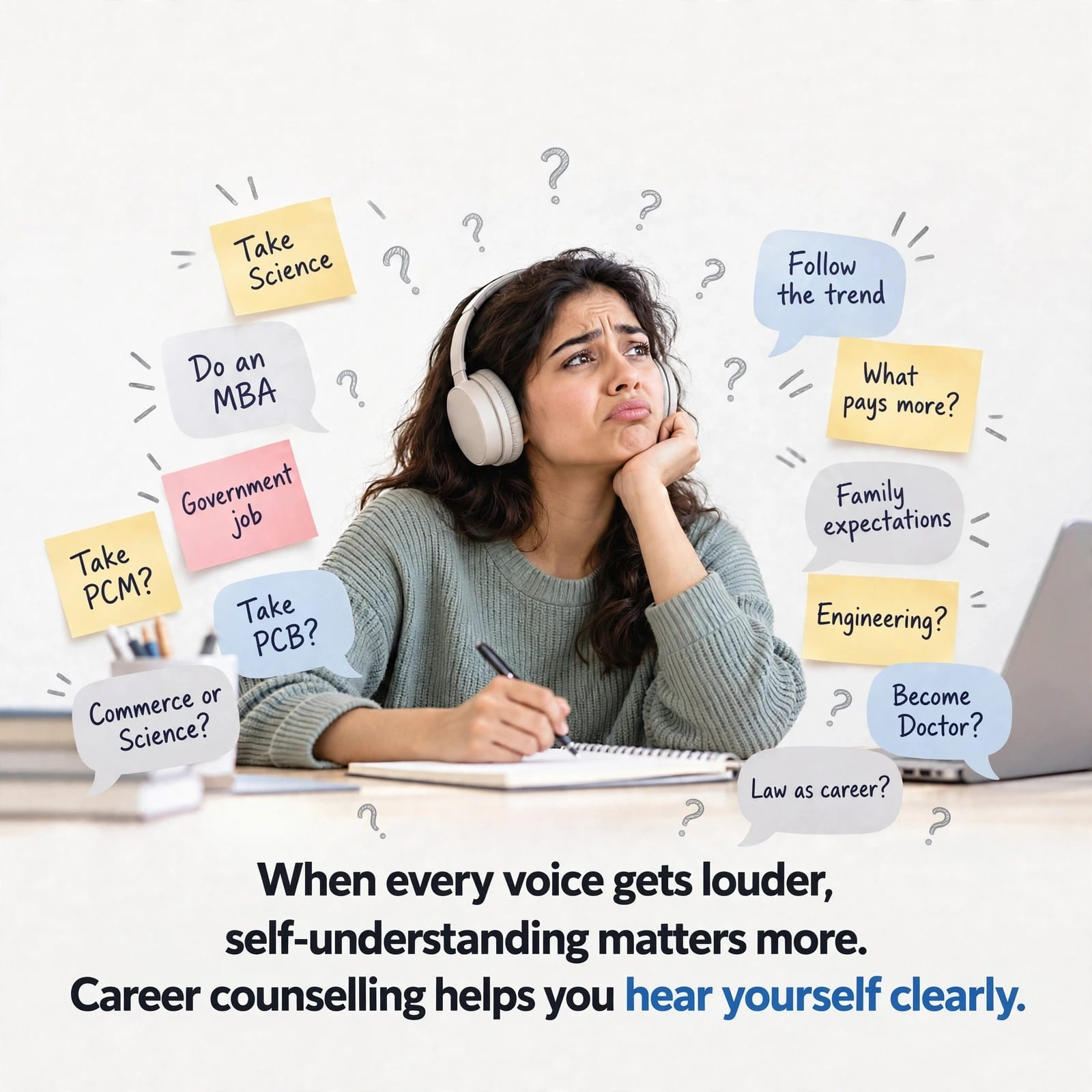 A student considering different career choices. Career counselling helps you hear yourself clearly.